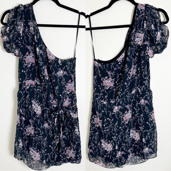 LoveShackFancy Peyton Mini Dress Navy Blue Floral Bow Silk One Shoulder Medium - Picture 2 of 9